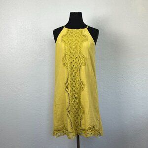 Entro Women's Yellow Lace Detail Sleeveless Halter A Line Dress Size S